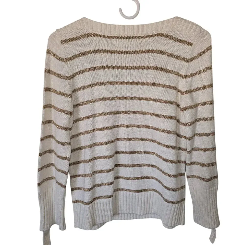 Jones New‎ York Cream Gold Striped Shiny Crew Neck Sweater Petite Medium